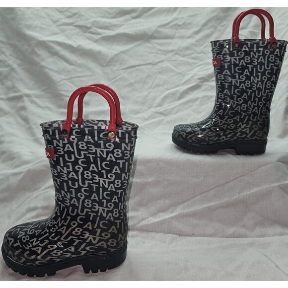 Nautica Kids’ Rain Boots – Size 5 | Alphanumeric Pattern With Red Handles - Picture 2 of 7